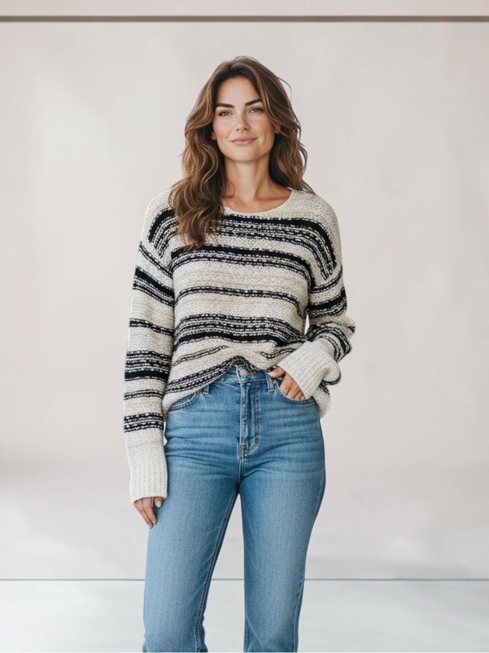 Veronica Beard Black and White Striped Crewneck Sweater